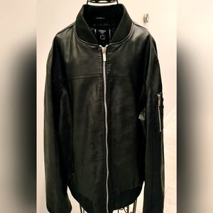 Men's Fried Denim Black Faux Leather Jacket with Camo Design XL